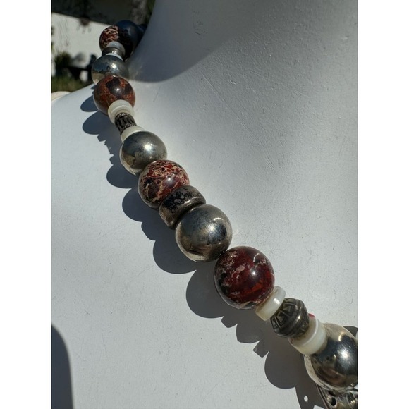 Brecciated Jasper Sterling Navajo 3D Kokopelli Beaded Necklace - Picture 6 of 8